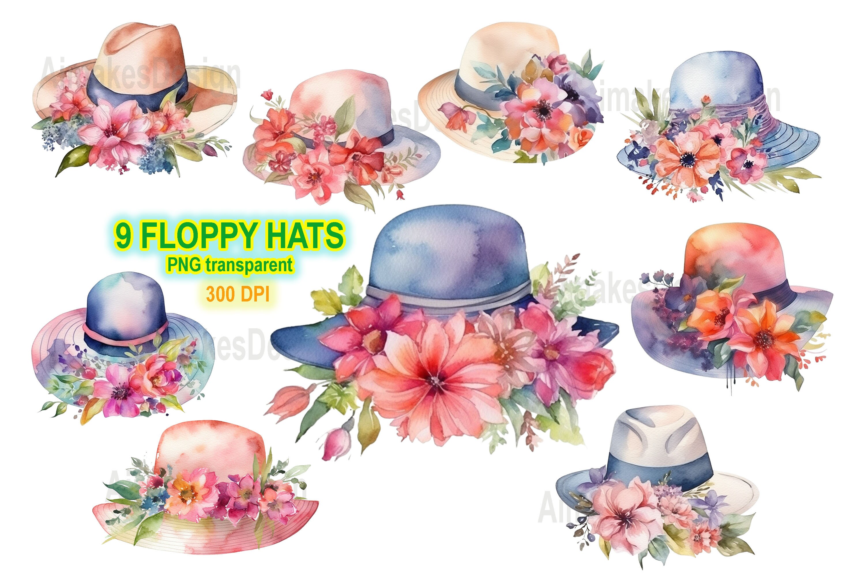 9 Floppy Hat Floral Clipart Watercolor Floral Summer Hat Etsy