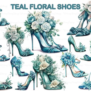 Teal hoge hak schoenen clipart png transparant, damesmode schoenen digitale illustraties, bruids bruiloft bloemen schoenen png, blauwe bloem schoenen png
