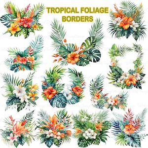 Tropical Foliage Border Clipart PNG Transparent, Leaves and Flower Bouquet PNG, Foliage Frames and Borders, Flowers and Leaves PNG