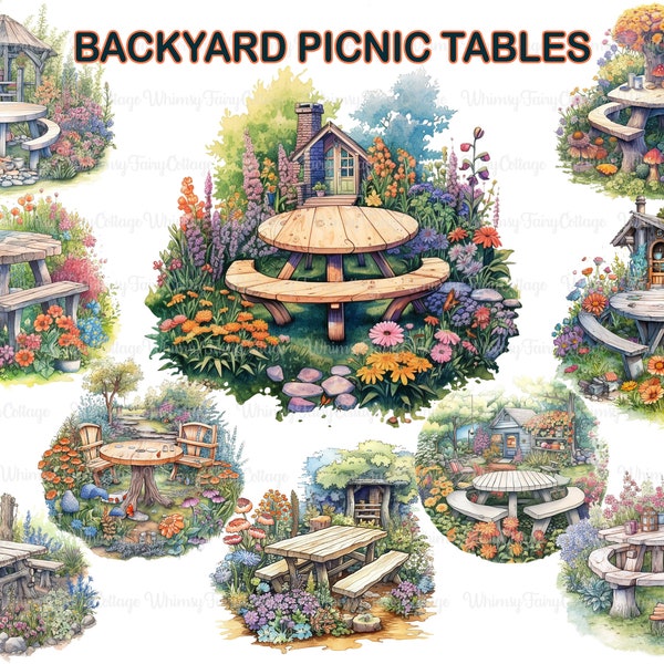 Cottage-core Backyard Picnic Table Clipart, Garden Picnic Tables PNG Transparent Clip Art, Countryside Picnic Scrapbooking Floral Elements