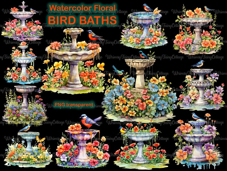 12 Watercolor Floral Birdbaths Clipart Cute PNG Floral Bird Etsy