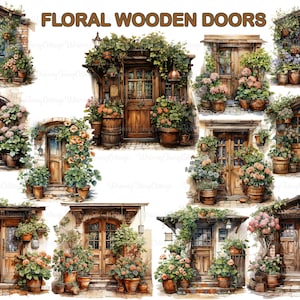 Wooden Floral Door Clipart PNG Transparent, Rustic Front Doors PNG Farmhouse Cardmaking Scrapbooking Journaling Planners Background Borders