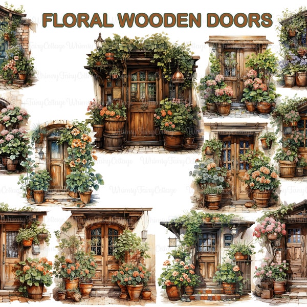 Wooden Floral Door Clipart, Rustic Front Doors PNG Farmhouse Cardmaking Scrapbooking Journaling Planners Background Borders Commercial Use