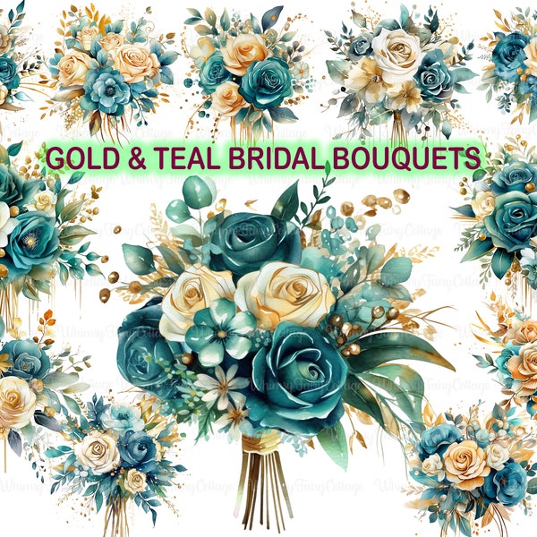 Gold and Teal Bridal Bouquet Clipart PNG Transparent, Teal and Gold Roses Motif Digital Clip Art, Floral Scrapbook Journaling Background PNG