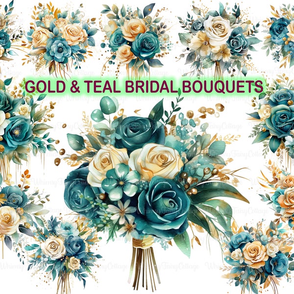 Gold und Blaugrün Brautstrauß Clipart PNG transparent, Blaugrün und Gold Rosen Motiv Digital Clip Art, Blumen Scrapbook Journaling Hintergrund PNG