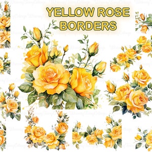 Bordure de roses jaunes PNG Clipart, bordures florales aquarelle numérique Clip Art Scrapbooking Fleurs de printemps été Floral PNG fond Clipart