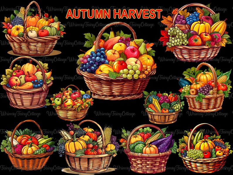 Autumn Basket Harvest Clipart, 11 Fruits and Vegetable Baskets PNG ...
