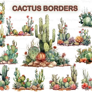Cactus Border PNG clipart, cactos e plantas suculentas clipart digital, elementos de plantas do deserto, fundo de scrapbooking PNG, registro de jardim