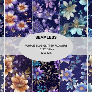Lila-Blaue Glitzerblumen Nahtlose Muster, Blumenmuster, sich wiederholende Muster Sublimation Wraps Scrapbooking Journaling Blaues Blumenmuster JPG