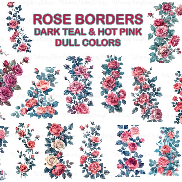 Rose Border Clipart PNG Transparent, Hot Pink and Dark Teal Dull Colors Rose Borders, Cardmaking Flowers PNG, Rose Digital Clip Art