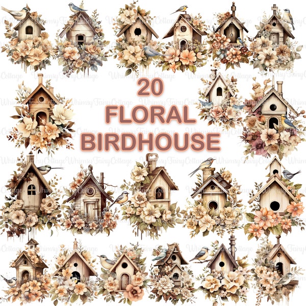 20 Floral Birdhouse PNG Clipart, Vintage Beige Bird Houses Cardmaking Elements Scrapbooking Background Cottagecore Themed Garden Journaling