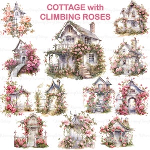 Huisje met klimrozen clipart, Cottage-core Rose Trellises PNG, kaartmaken rozen scrapbooking bloemen achtergrond tuin junk journaling