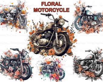 Watercolor Floral Motorcycle Digital Clipart PNG Transparent, Sublimation Printing Summer Activity Rides Sporty Motorcycles Printable Art