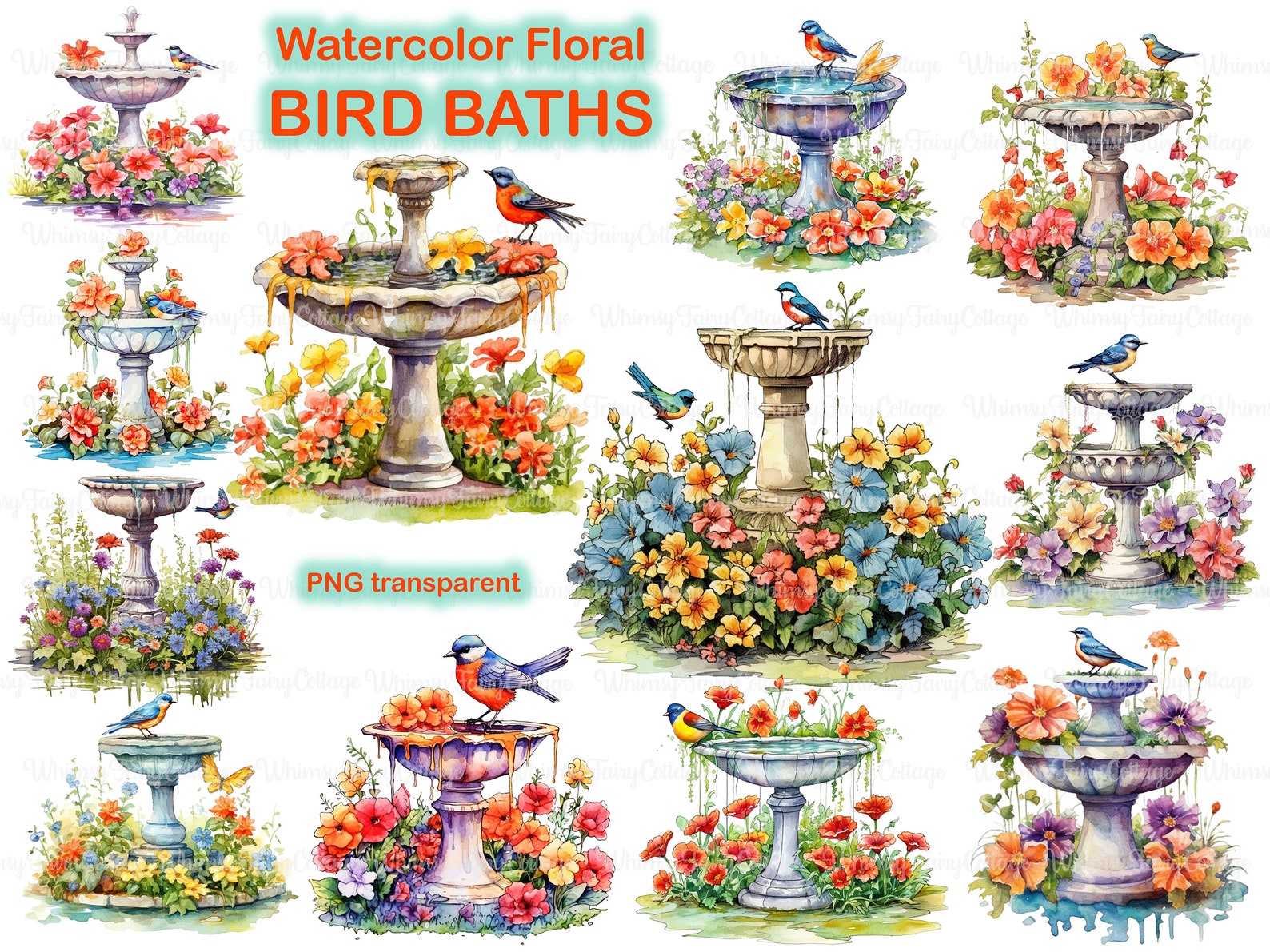 12 Watercolor Floral Birdbaths Clipart Cute PNG Floral Bird Etsy