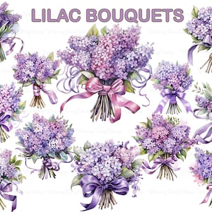 Lilac Bouquet Clipart PNG Transparent, Lilac Flowers PNG, Purple Flower Border PNG, Bouquet with Ribbon Bow Scrapbooking, Paper Border png