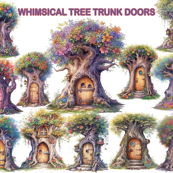 12 Whimsical Tree Trunk Door Clipart, Fantasy Doors PNG, Sublimation Designs, Watercolor Whimsical Nursery Room Wall Art, Journaling Fantasy