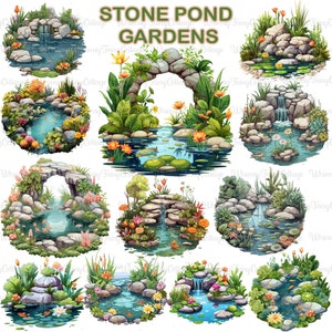 Stone Pond Garden Clipart PNG Transparent, Cottage-core Elements Digital Art, Garden Border PNG, Gardening PNG Scrapbook Background Journal