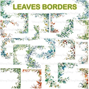 Clipart de bordure de 20 feuilles, cartes PNG, bordures de journalisation du feuillage, éléments de feuilles de scrapbooking, aquarelle de feuilles, bordure de feuillage PNG