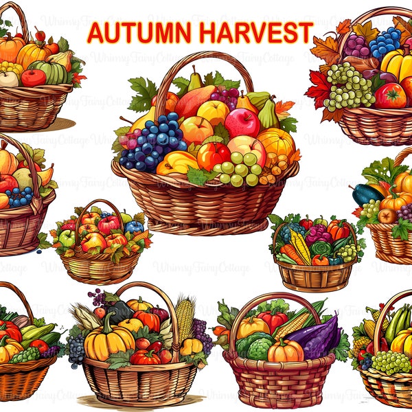 Automne panier récolte Clipart, 11 fruits et légumes paniers PNG éléments jardin journalisation Scrapbooking fond frontière papeterie