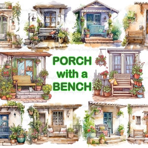 Porch with Bench Clipart PNG Transparent, Floral Front Porch Digital Clip Art, Cozy Bench Home Porch PNG, House Scrapbooking Background