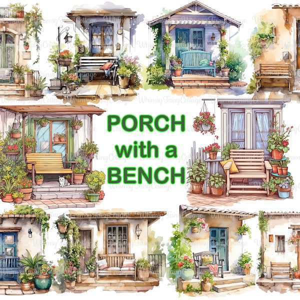 Porch with Bench Clipart PNG, Floral Front Porch Digital Clip Art Cozy Bench Porch Scrapbooking Watercolor Elements House Junk Journaling