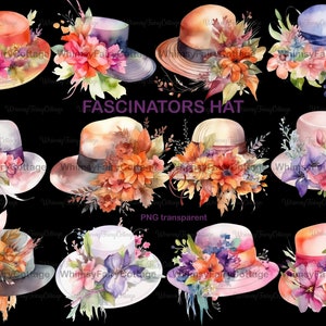 12 Watercolor Fascinators Hat Clipart, PNG Transparent Commercial Use, Women's Fashion Hat Clipart, Royalty Hat, Ladies Derby Hat Clipart image 2