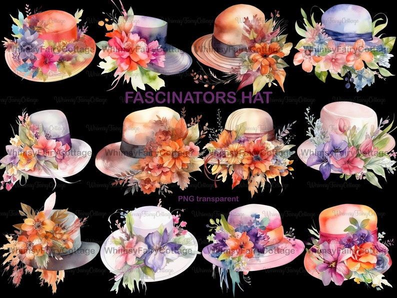 12 Watercolor Fascinators Hat Clipart, PNG Transparent Commercial Use, Women's Fashion Hat Clipart, Royalty Hat, Ladies Derby Hat Clipart image 2