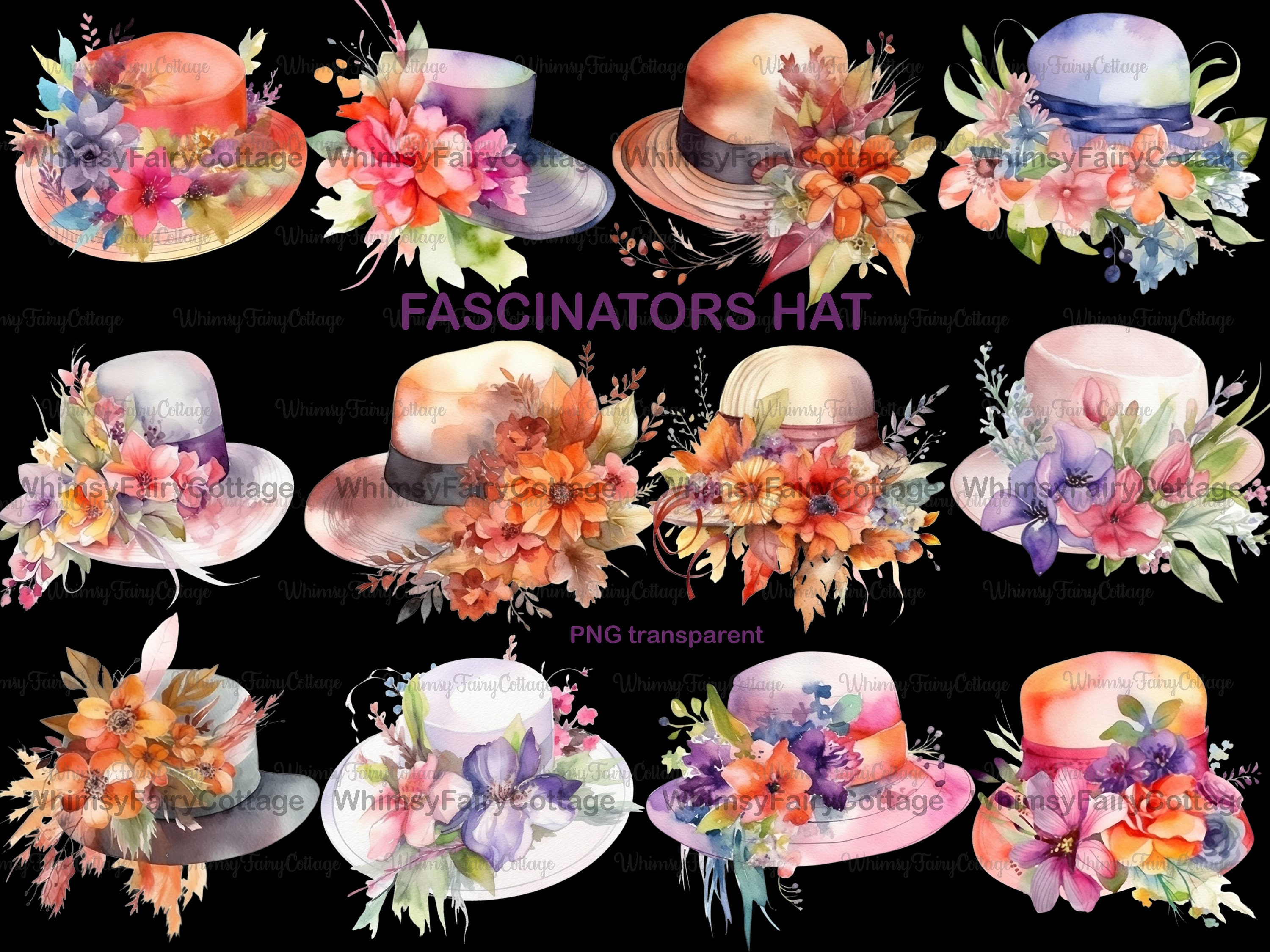 12 Watercolor Fascinators Hat Clipart PNG Transparent Etsy