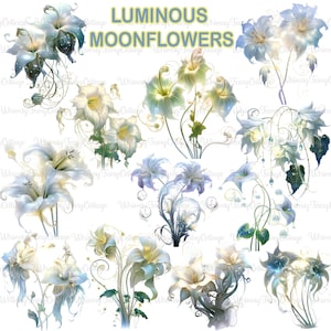 Clipart di fiori di luna luminosi PNG trasparenti, fiori di luna magici PNG, fiori bianchi trasparenti, banner di sfondo con bordo floreale PNG