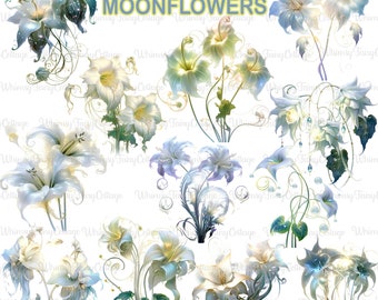 Luminous Moonflowers PNG Clipart, Magical Moonflowers Digital Clip Art, White Fantasy Flowers PNG, Watercolor Flower PNG, Card Floral Border