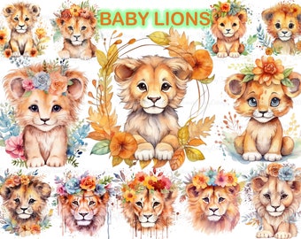 Baby Lion Clipart PNG Transparent, Baby Safari Animals Digital Clip Art, Whimsical Floral Baby Lion PNG, Printable Nursery Wall Art PNG