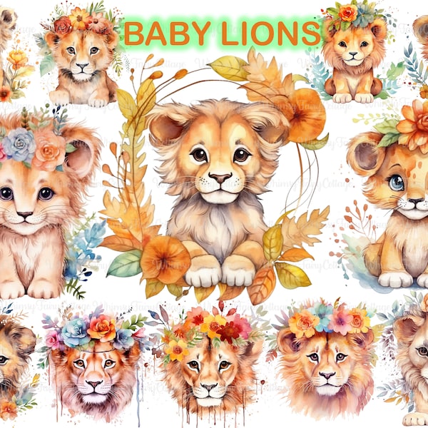 Baby Löwe Clipart PNG, digitale Clip Art Baby Safari Tiere, wunderliche Blumen Baby Löwe PNG, druckbare Kinderzimmer Wand Kunst PNG