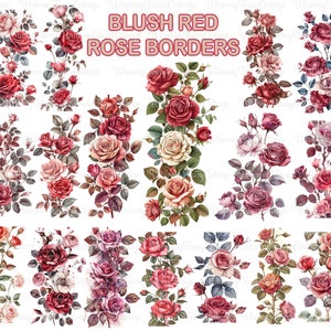 23 Blush Red Rose Border Clipart PNG Transparent, Rose Vertical Borders Digital Clip Art, Red Floral Borders PNG, Gradient Retro Roses PNG