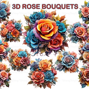 3D Rose Bouquet Clipart PNG Clipart, Vibrant Rainbow Roses Digital Clip Art, Scrapbooking Roses PNG, Journaling Floral Background Papercraft