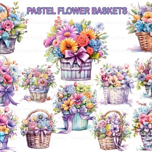 パステルカラーの花柄バスケット クリップアート PNG 透明、春の花 PNG カード作成ボーダー スクラップブック ジャーナリング 背景 文房具 コラージュ クラフト