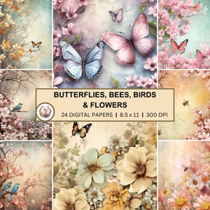 Papel digital de borboletas, abelhas, pássaros e flores, fundo de scrapbooking, confecção de cartões, folhas de papelaria, páginas de diário de lixo