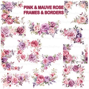 Rosa und Mauve Rose PNG transparente Clipart, Blumenrahmen und Ränder PNG, Aquarell Cardmaking PNG Ränder, Journaleinladung Ränder