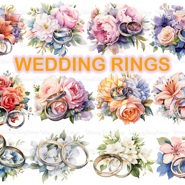 Wedding Rings Clipart PNG Transparent, Floral Bridal Rings Digital Clip Art, Romantic Couple Rings PNG, Wedding Card Background Digital PNG