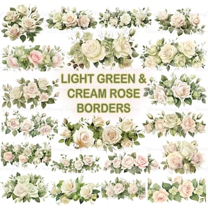 20 PNG Rose Border Clipart, Light Green and Cream Colors Rose Banner Background Scrapbooking Ephemera Elegant Roses Digital Clip Art Floral