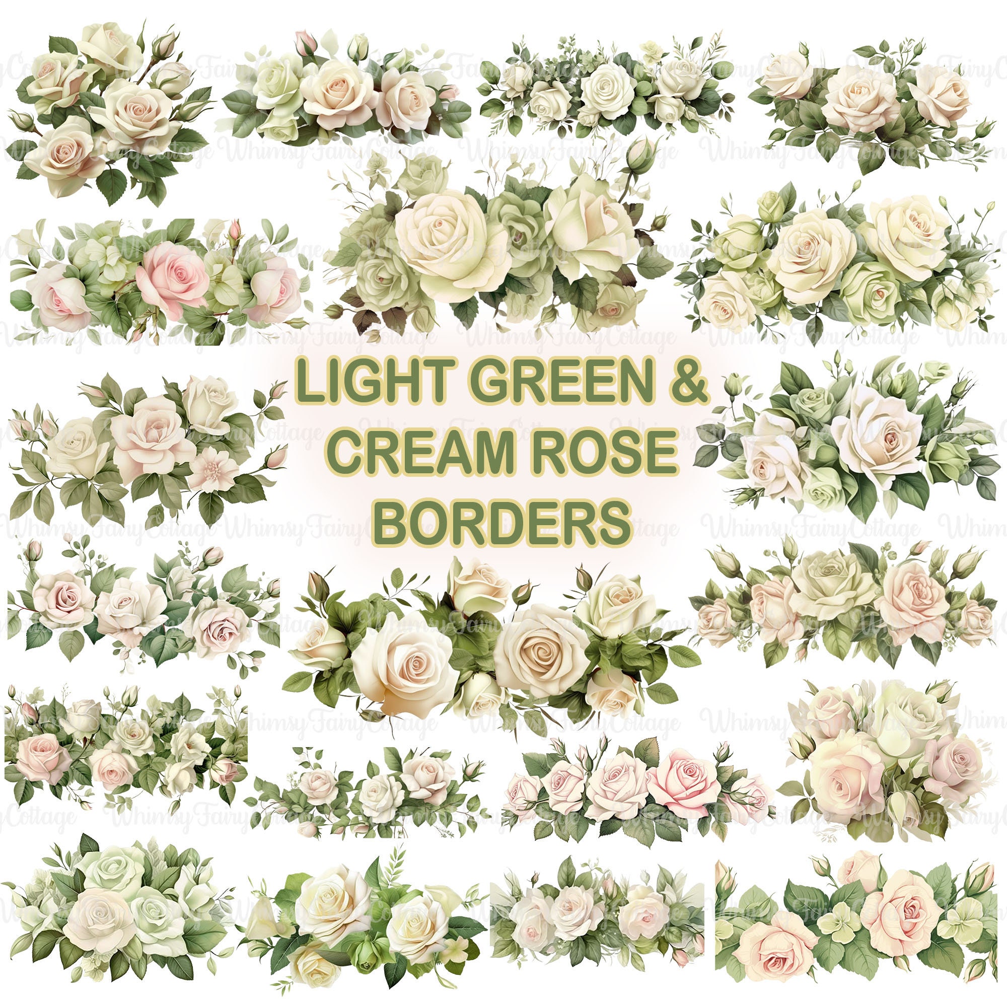 20 PNG Rose Border Clipart, Light Green and Cream Colors Rose Banner ...