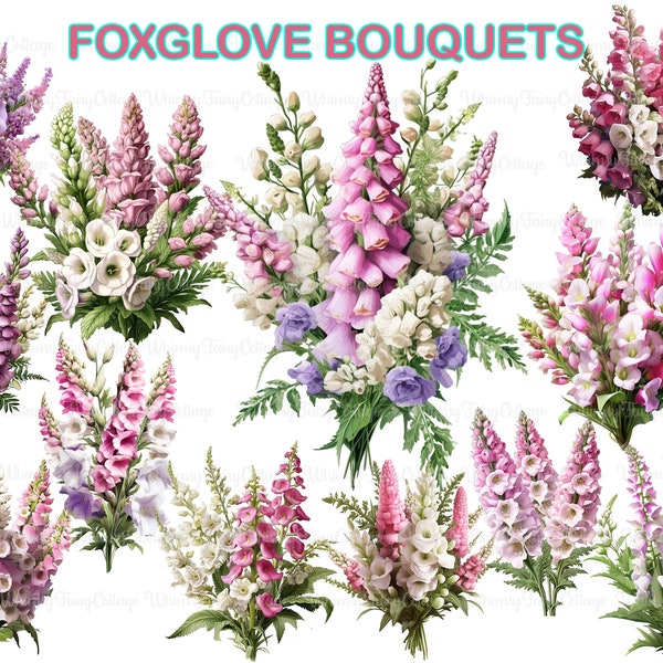 Foxglove Bouquet Clipart, 12 Foxgloves Pink White Flowers PNG, Cardmaking Journaling Borders Stationery Papers Digital Commercial Use