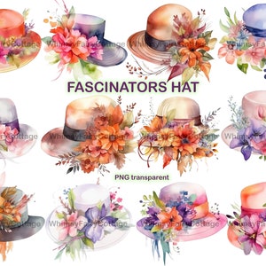 12 Watercolor Fascinators Hat Clipart, PNG Transparent Commercial Use, Women's Fashion Hat Clipart, Royalty Hat, Ladies Derby Hat Clipart image 1