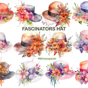 12 Watercolor Fascinators Hat Clipart, PNG Transparent Commercial Use, Women's Fashion Hat Clipart, Royalty Hat, Ladies Derby Hat Clipart image 1