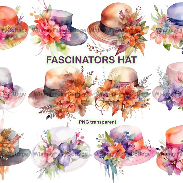 12 Watercolor Fascinators Hat Clipart, PNG Transparent Commercial Use, Women's Fashion Hat Clipart, Royalty Hat, Ladies Derby Hat Clipart
