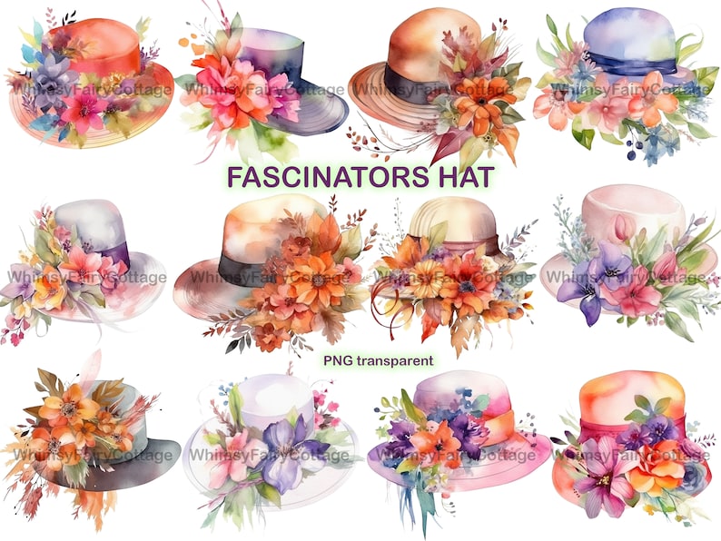 12 Watercolor Fascinators Hat Clipart PNG Transparent Etsy