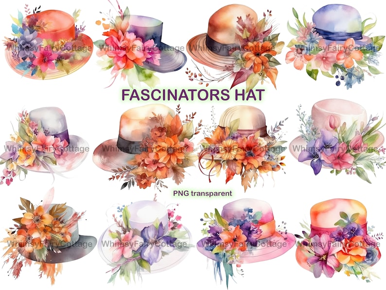 12 Watercolor Fascinators Hat Clipart, PNG Transparent Commercial Use, Women's Fashion Hat Clipart, Royalty Hat, Ladies Derby Hat Clipart image 1