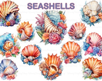 Seashells Clipart PNG Transparent, Colorful Floral Sea Shells Digital Clip Art, Coastal Elements Background PNG, Shell Printable Wall Art