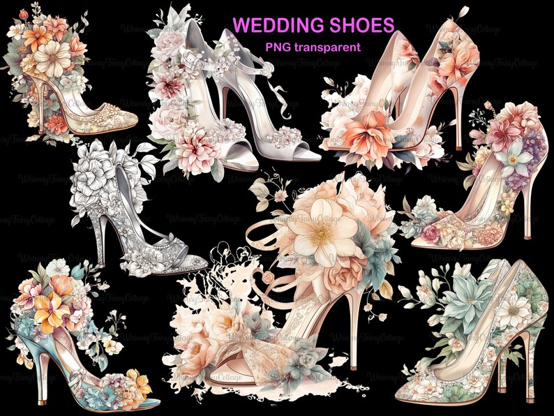 8 Wedding Shoes Clipart PNG Watercolor Shoes Floral Shoes Etsy