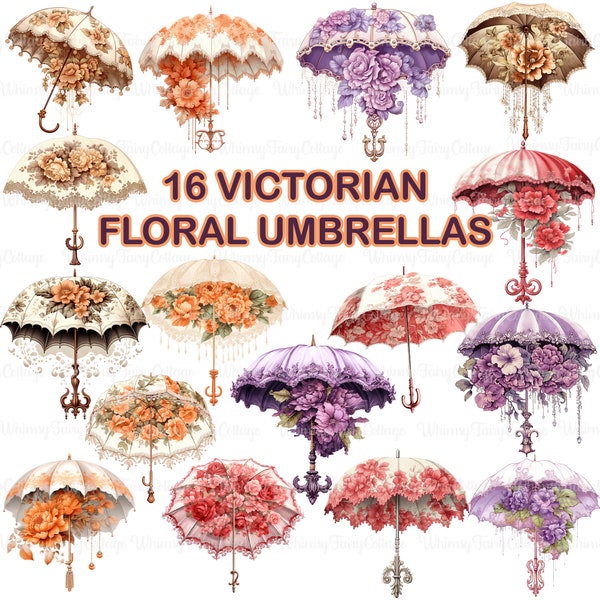 16 Victorian Floral Umbrella Clipart PNG, Rococo Flower Umbrellas Fashion Background Cardmaking Scrapbooking Stationery Borders Journaling