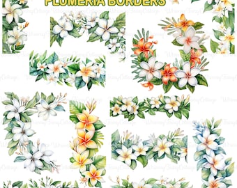 12 Plumeria Border Clipart, Flower Borders PNG, Watercolor Floral Border Frames, Tropical Flower Elements, Digital Lei Flowers Journaling
